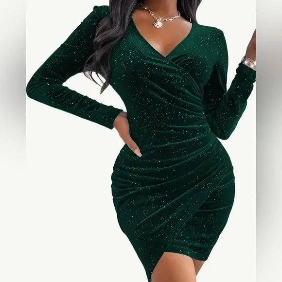 Green Velvet Glitter Ruched Bodycon Wrap Dress - Picture 1 of 6